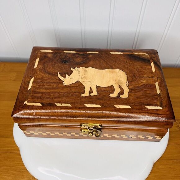 Vintage Other - Vintage Rhinoceros Wood Bone? Inlay Jewelry Box Handcrafted Lined Red Velvet